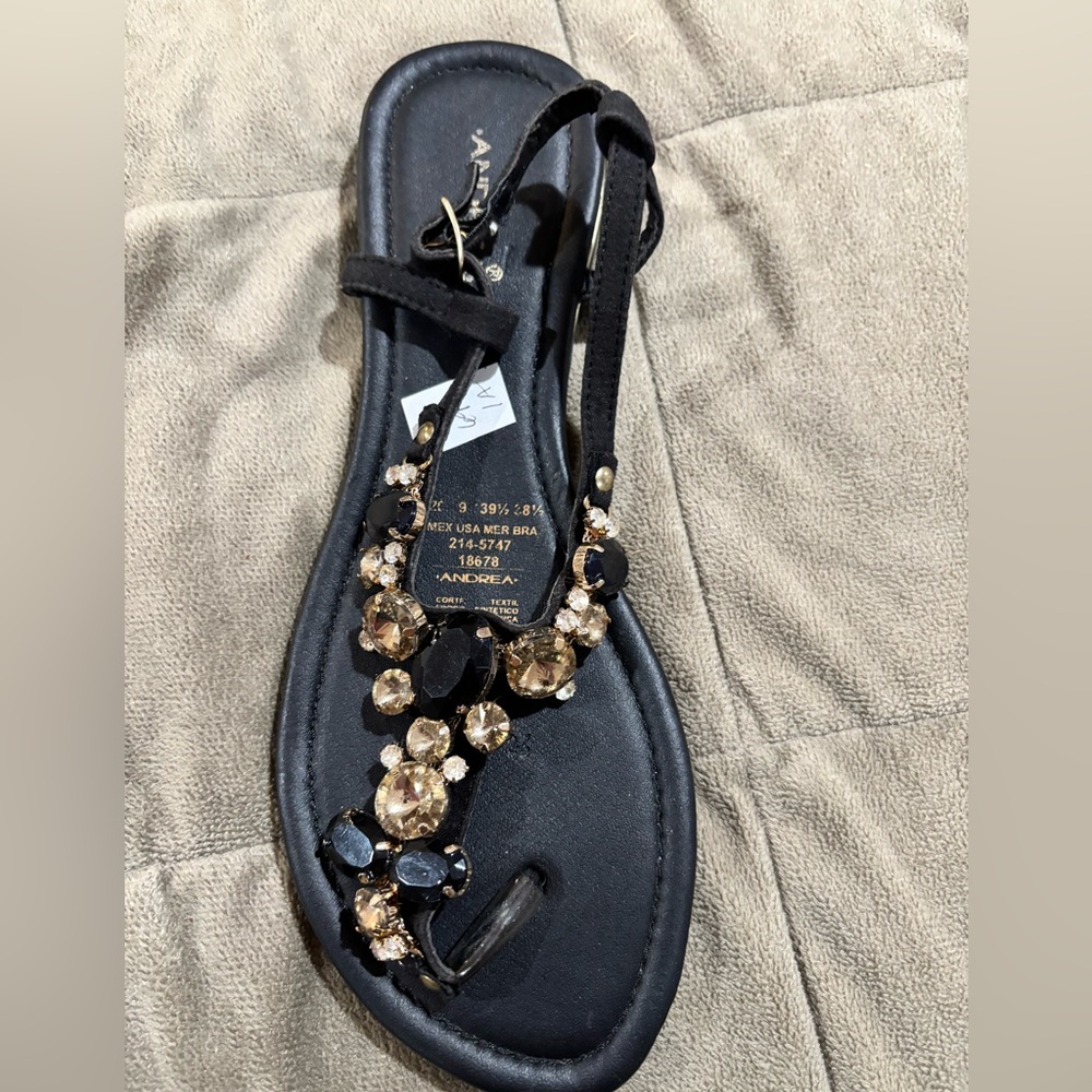 ANDREA Dressy Black Sandals adorned with black and bronze jewels